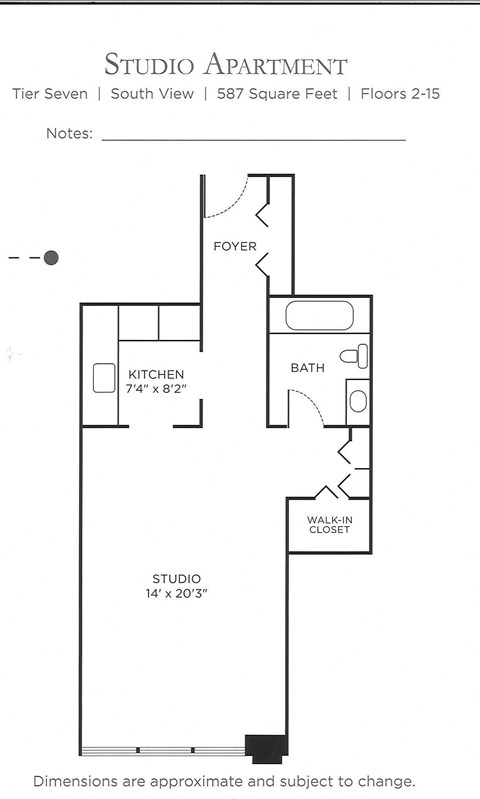 Floor plan for studio, 1 bath, 587 sqft